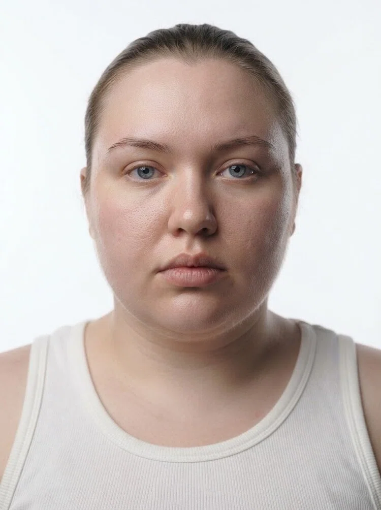 Young female fashion model with blonde hair slicked back, close-up.