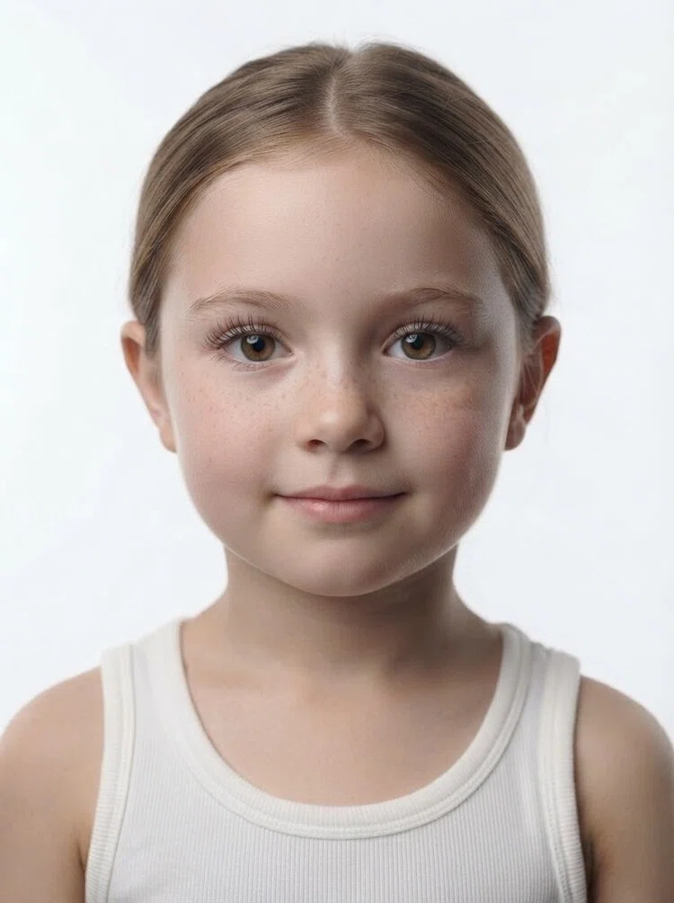 Young female fashion model with light brown hair tied back, close-up.