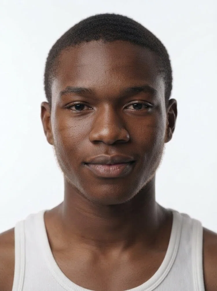 Young male fashion model with short black buzz cut