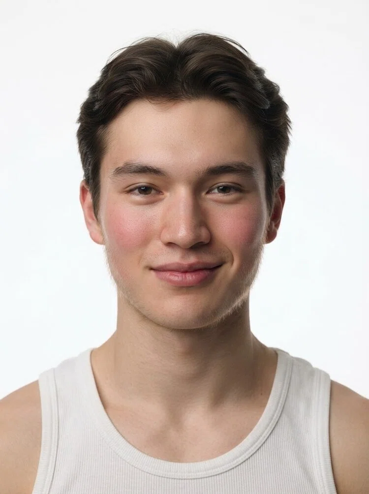 Young male fashion model with short dark brown wavy hair, close-up.