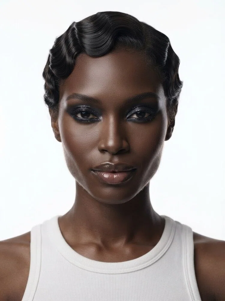Young female fashion model with short black finger waves