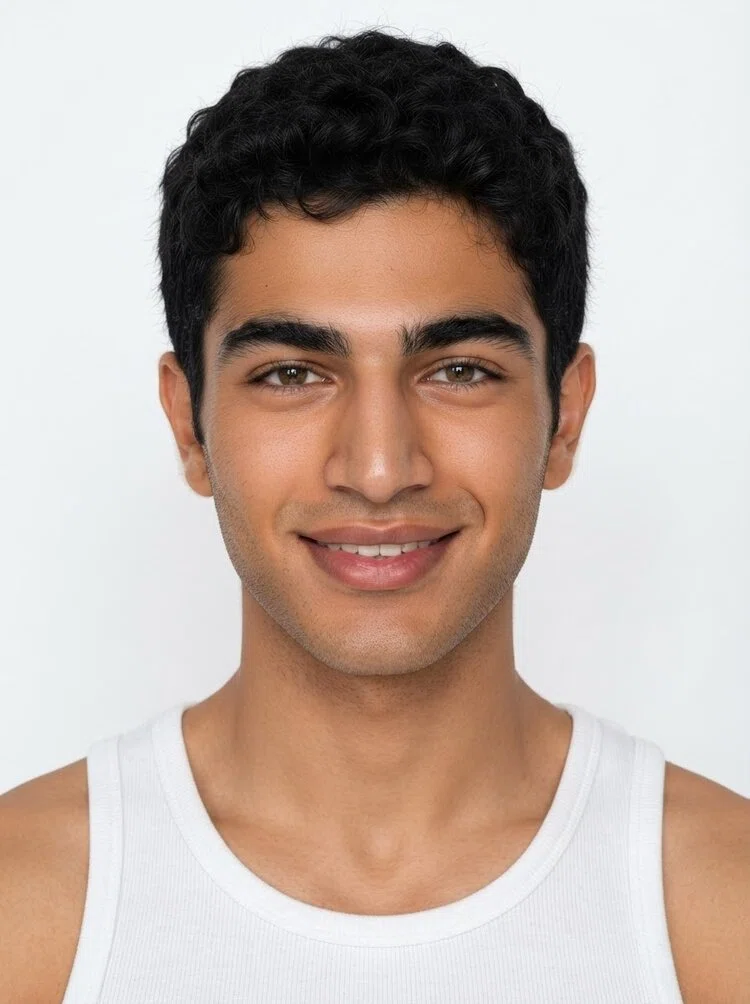 Young male fashion model with short curly black hair, close-up.