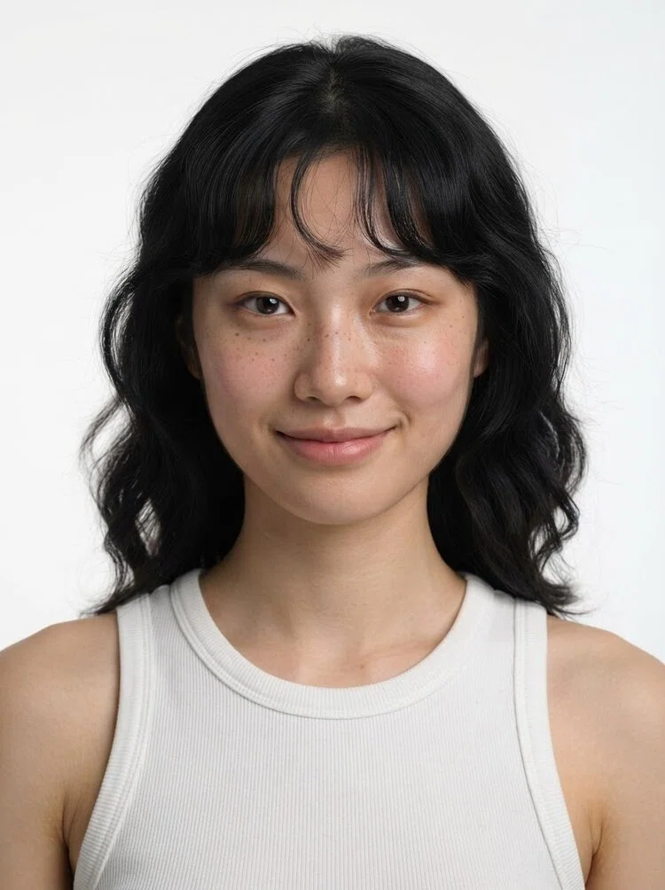 Young female fashion model with shoulder-length wavy black hair