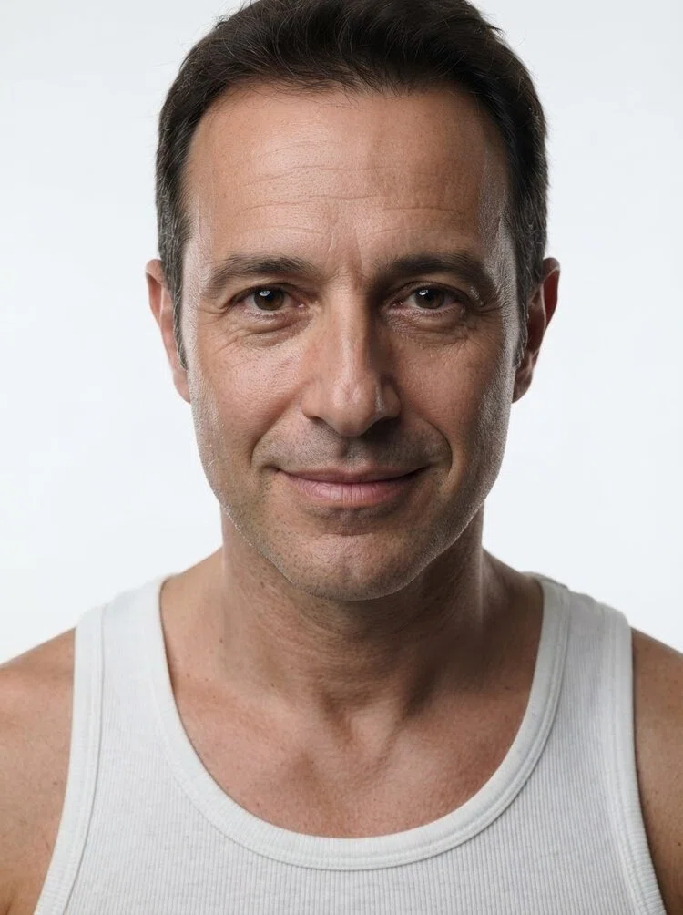 Middle-aged male fashion model with short dark brown hair
