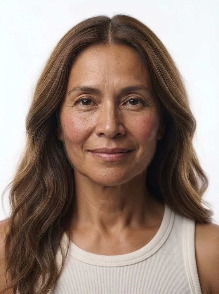 Middle-aged female fashion model with long light brown wavy hair