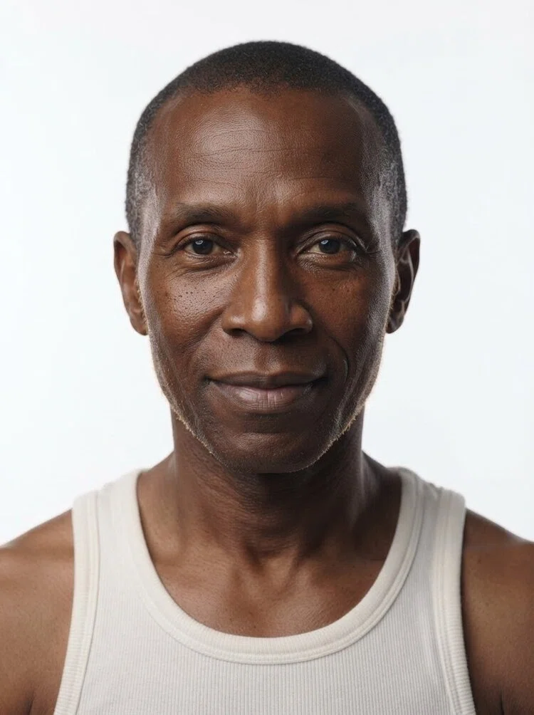 Middle-aged male fashion model with short dark buzz cut, close-up.