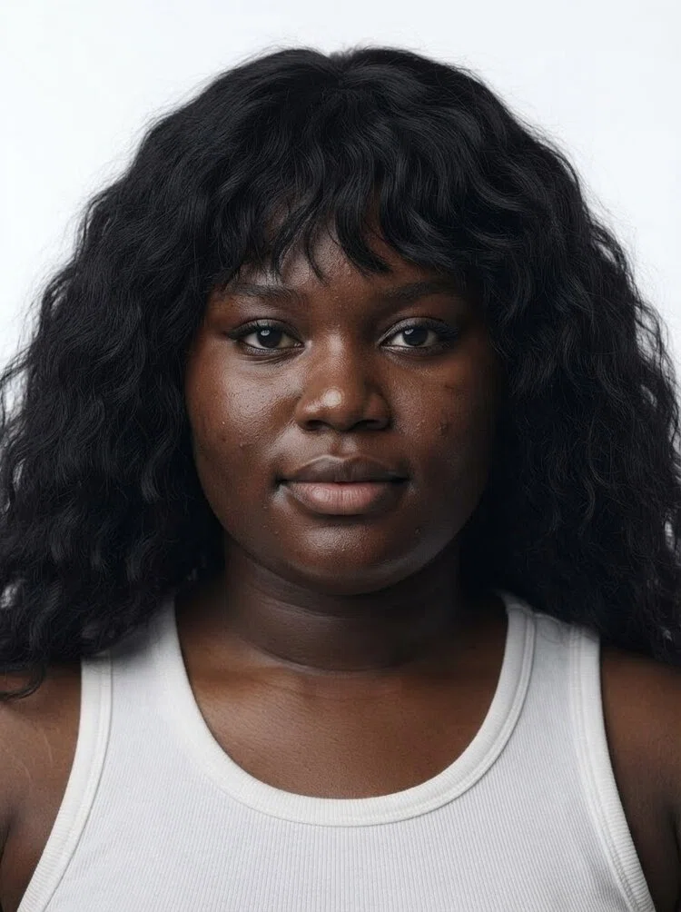 Young female fashion model with long wavy black hair and bangs, close-up.