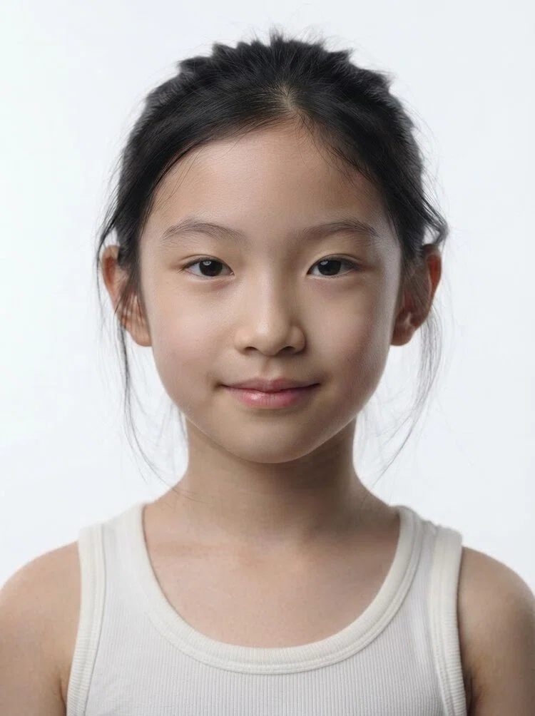 Young female fashion model with dark hair tied back, close-up.