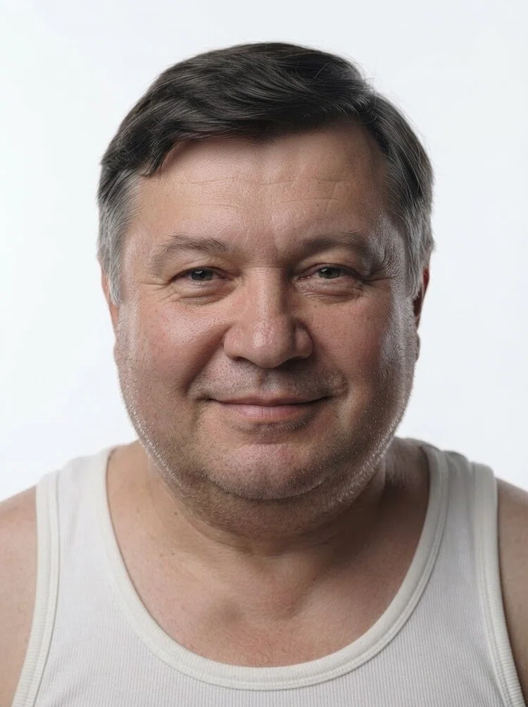 Middle-aged male fashion model with short dark brown hair, close-up.
