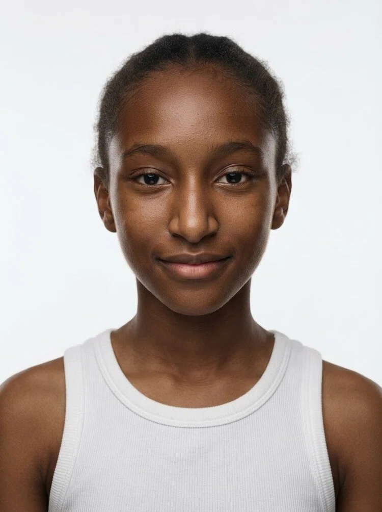 Young female fashion model with short dark brown hair, close-up.