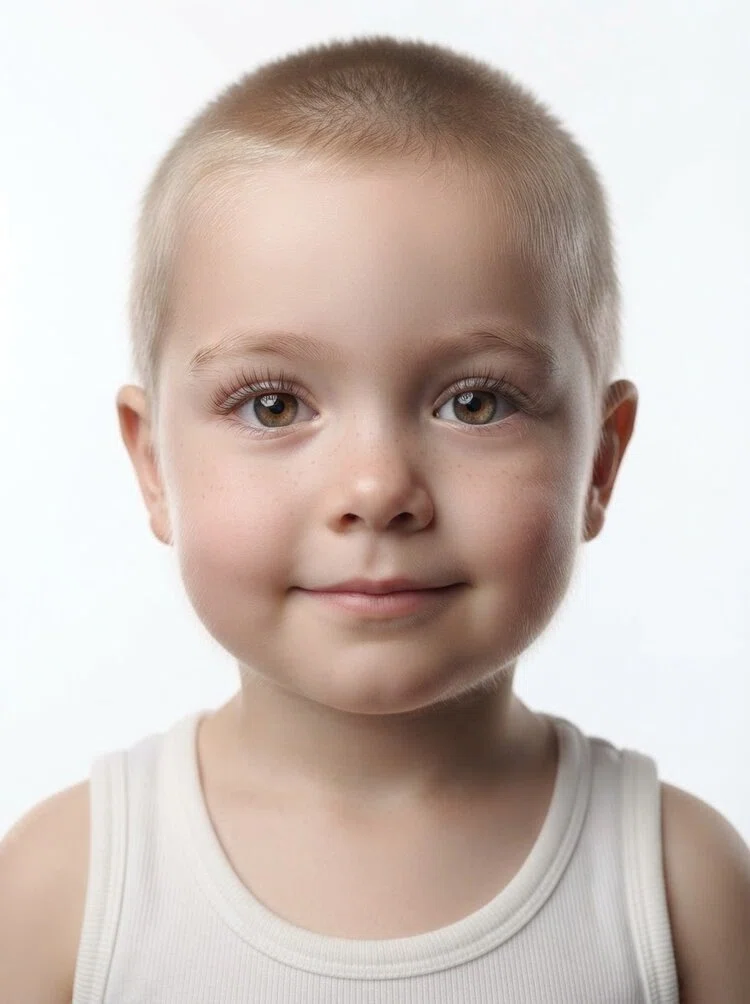 Young male fashion model with short light brown buzz cut, close-up.