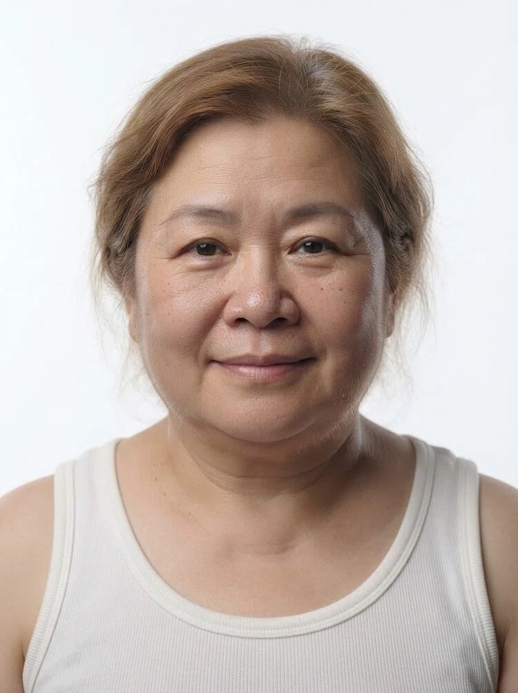 Old female fashion model with light brown hair tied back, close-up.
