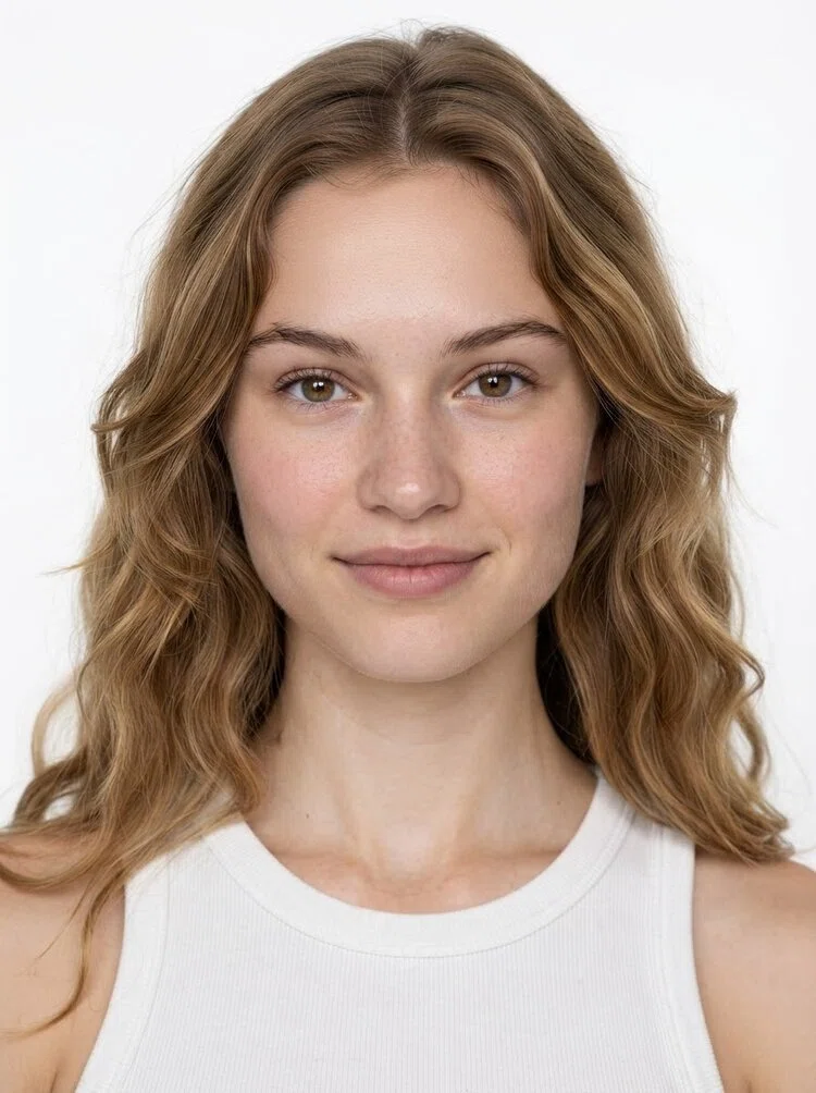 Young female fashion model with wavy shoulder-length blonde hair, close-up.