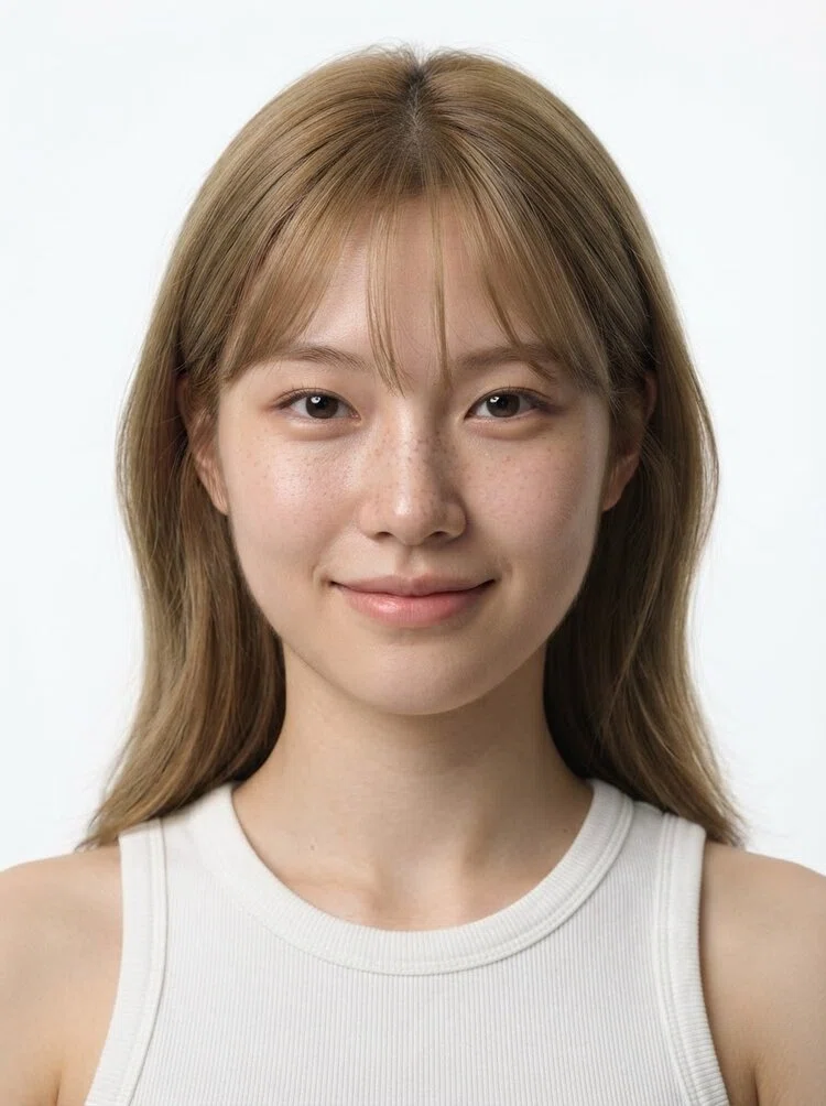 Young female fashion model with long light brown hair with bangs
