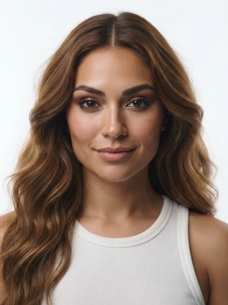 Young female fashion model with long light brown wavy hair