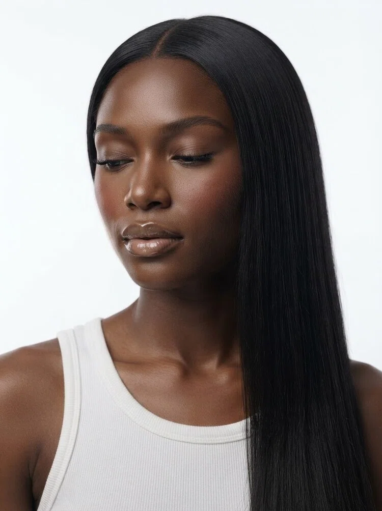 Young female fashion model with long black hair