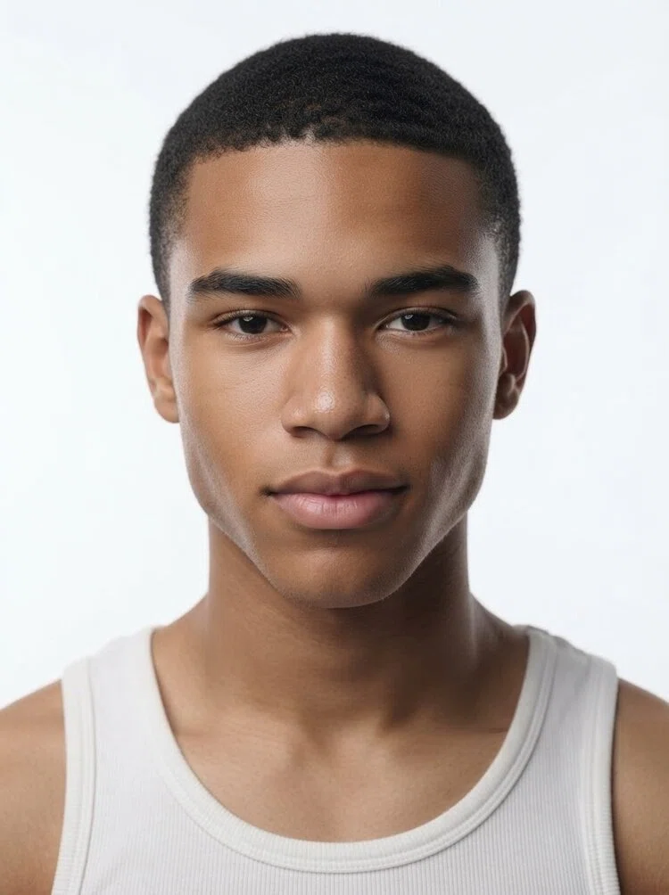 Young male fashion model with short black buzz cut