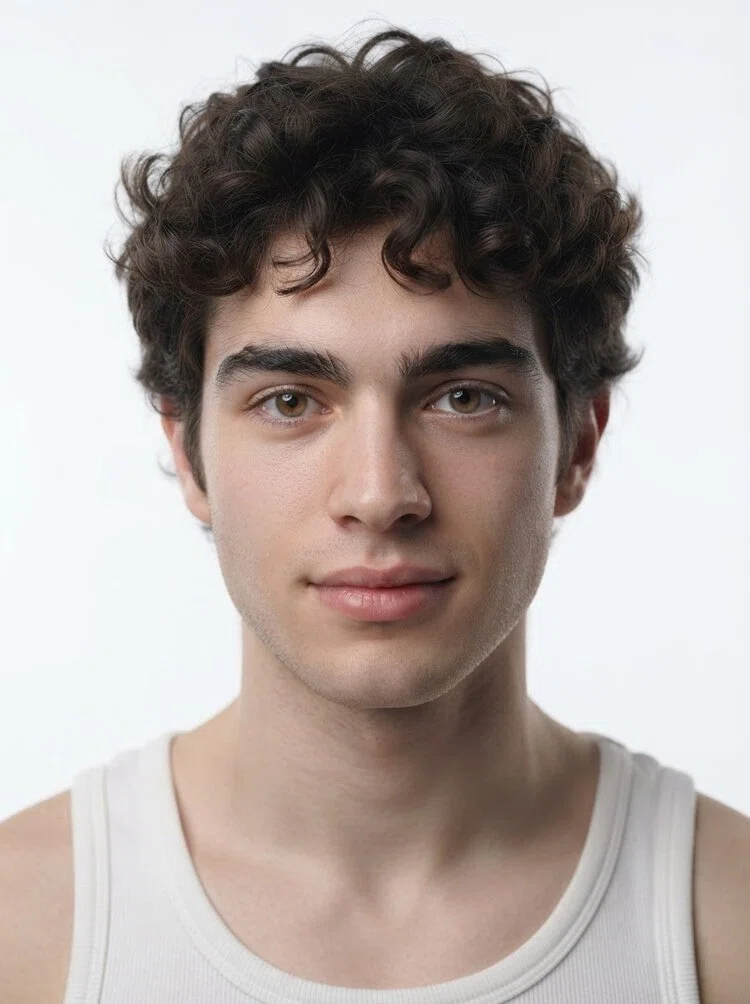 Young male fashion model with short dark brown curly hair