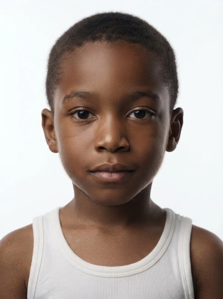 Young male fashion model with short buzzed black hair, close-up.