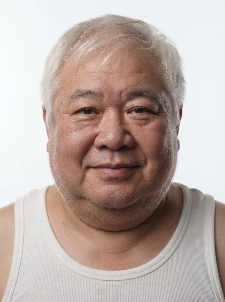 Old male fashion model with short white hair, close-up.