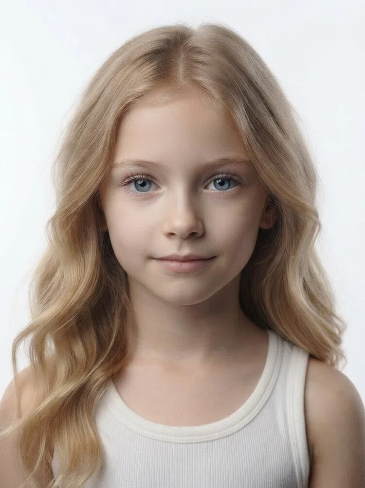 Young female fashion model with long wavy blonde hair, close-up.