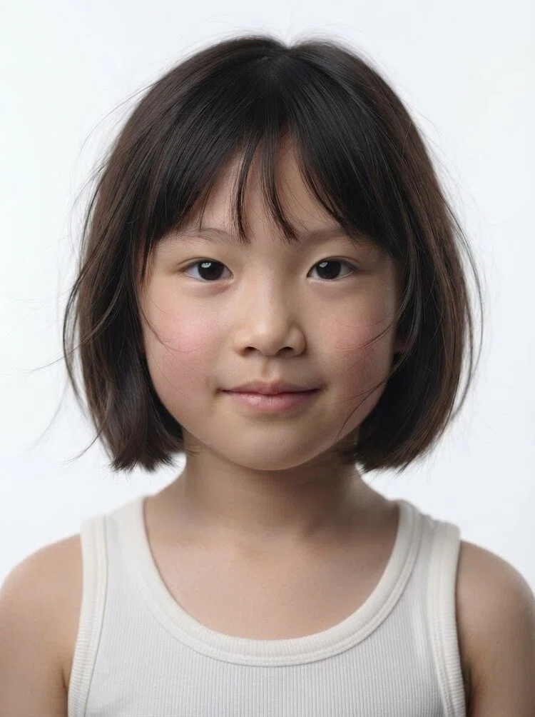 Young female fashion model with short dark bob and bangs, close-up.