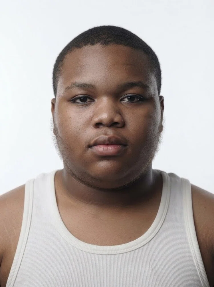 Young male fashion model with short buzzed black hair, close-up.