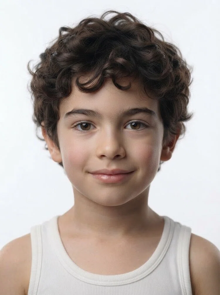 Young male fashion model with short dark brown curly hair