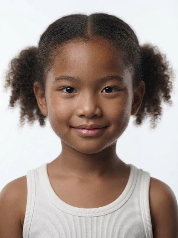 Young female fashion model with short black curly pigtails