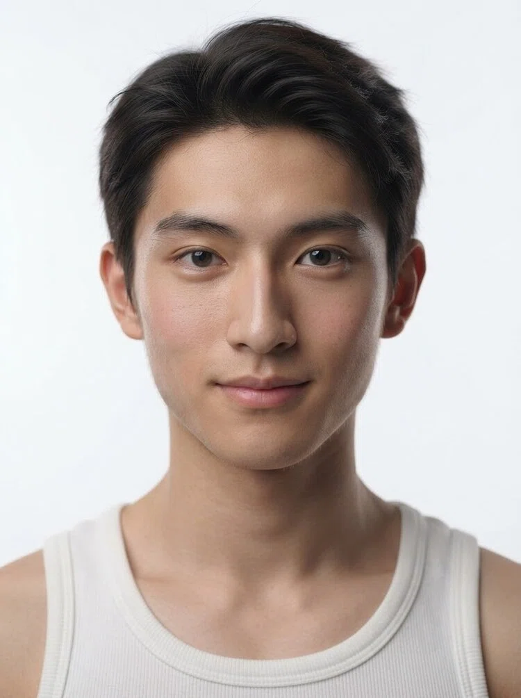 Young male fashion model with short dark brown hair