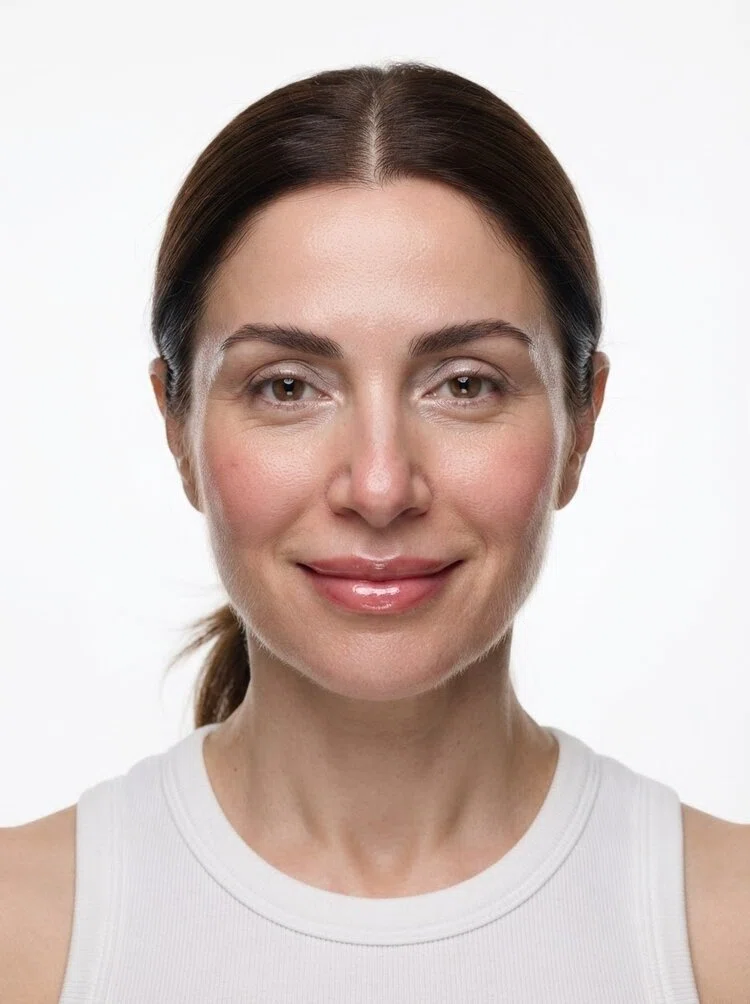 Middle-aged female fashion model with dark brown ponytail, close-up.