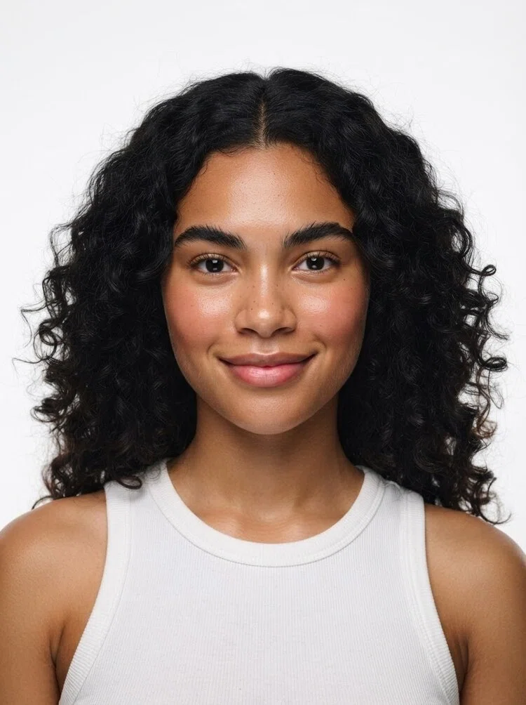 Young female fashion model with shoulder-length black curly hair