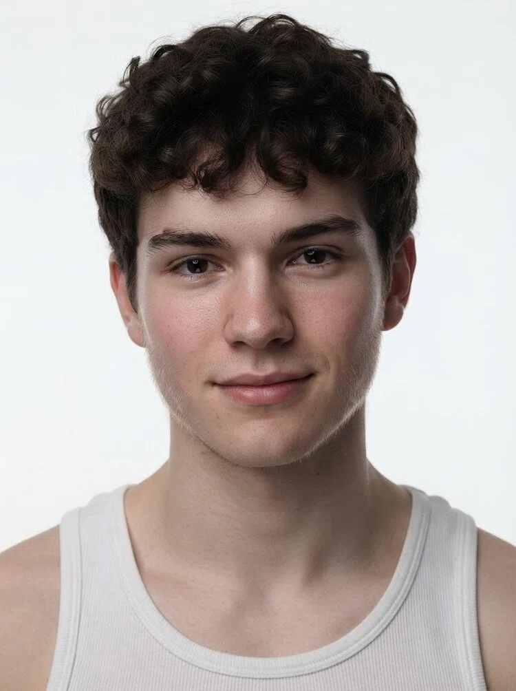 Young male fashion model with short curly dark brown hair, close-up.