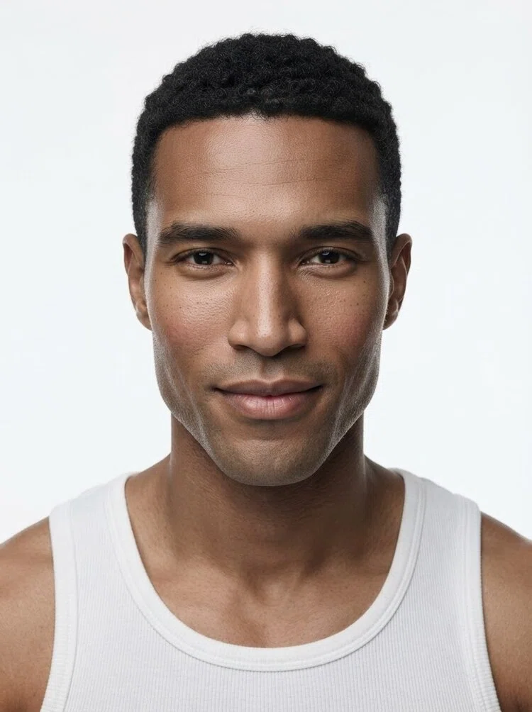 Young male fashion model with short black curly hair