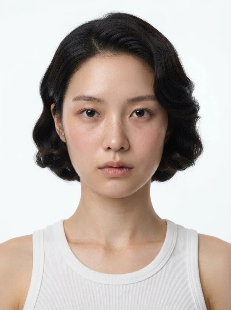 Young female fashion model with short black wavy hair