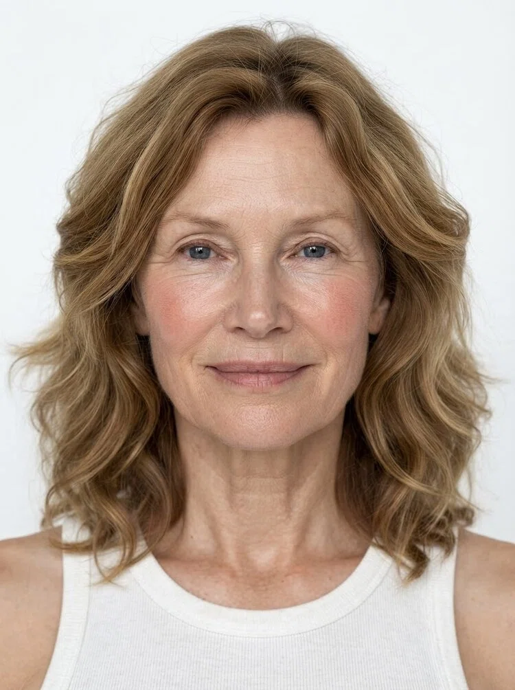Middle-aged female fashion model with wavy shoulder-length light brown hair, close-up.