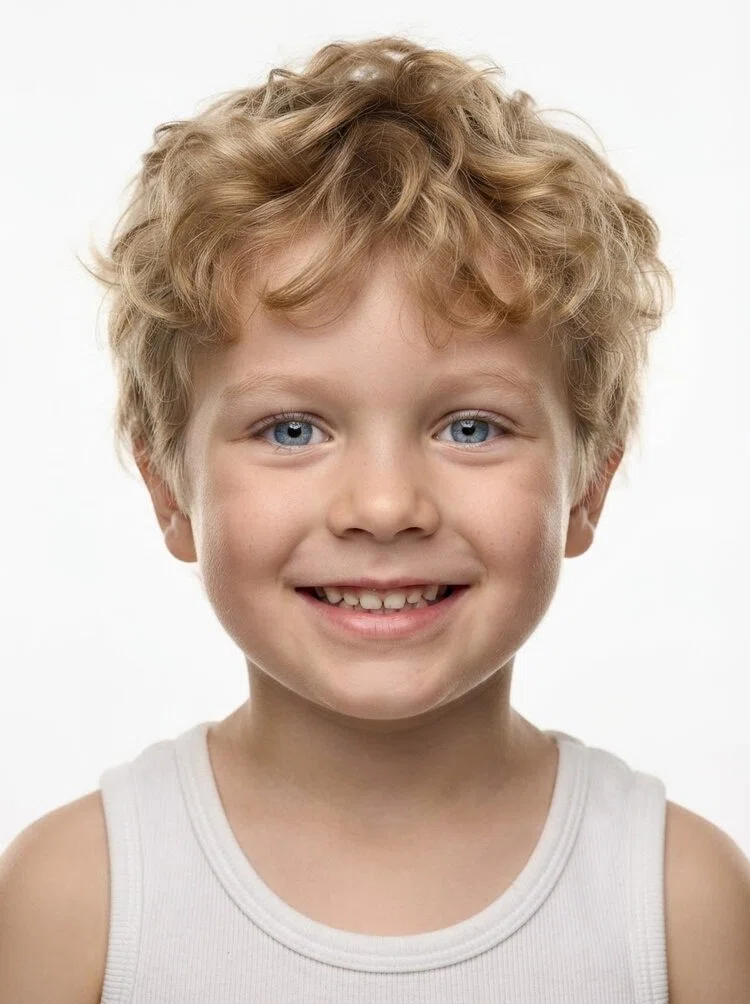 Young male fashion model with short curly blonde hair, close-up.