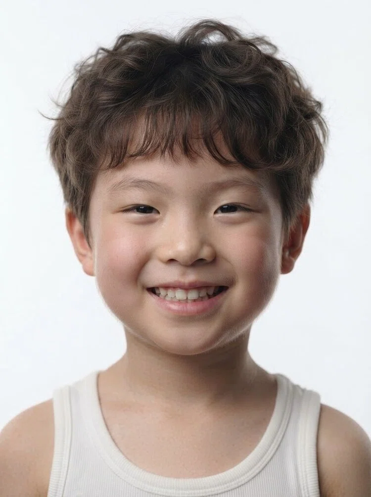 Young male fashion model with short curly dark brown hair, close-up.