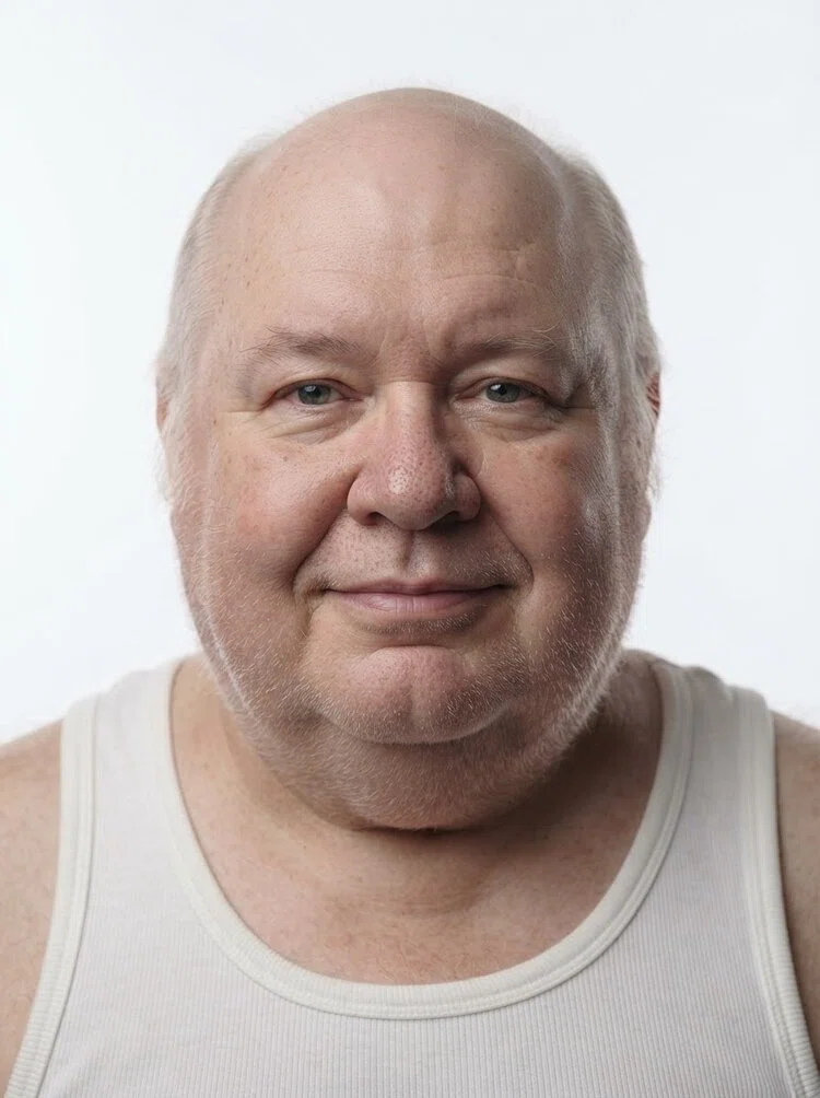 Old male fashion model with short thinning white hair, close-up.