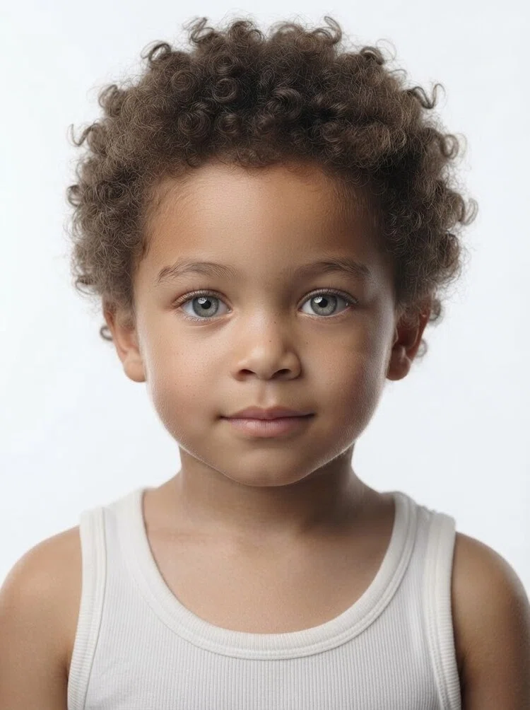 Young male fashion model with short curly dark brown hair, close-up.