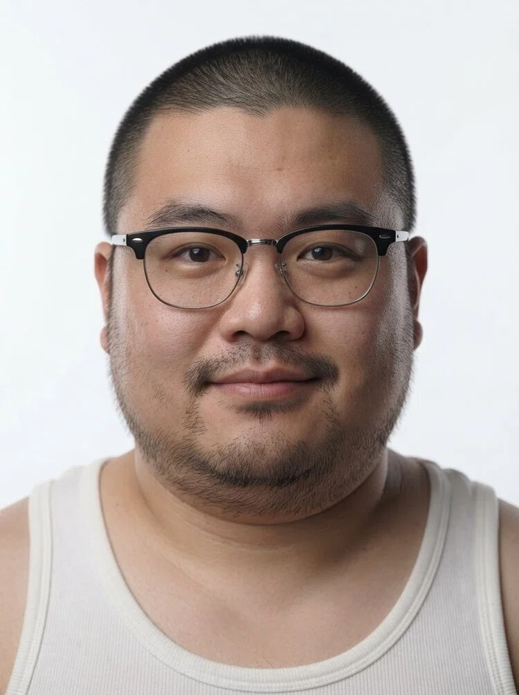 Young male fashion model with short buzzed black hair, close-up.