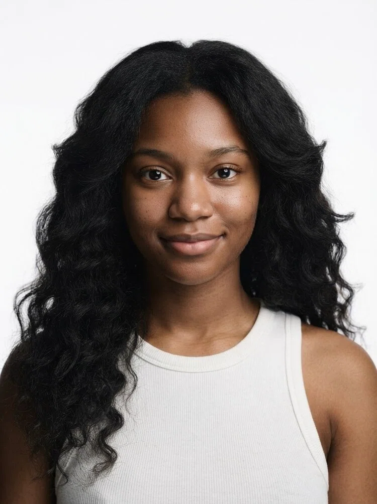 Young female fashion model with long black wavy hair