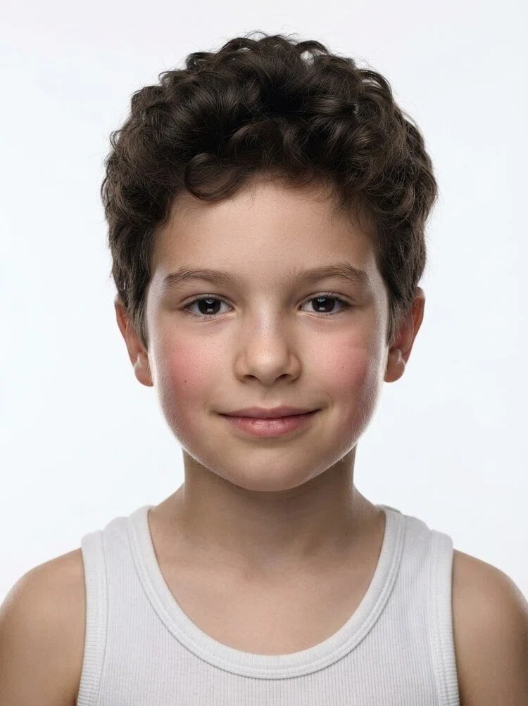 Young male fashion model with short curly dark brown hair, close-up.