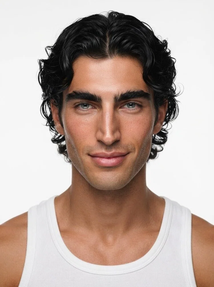 Young male fashion model with short black wavy hair
