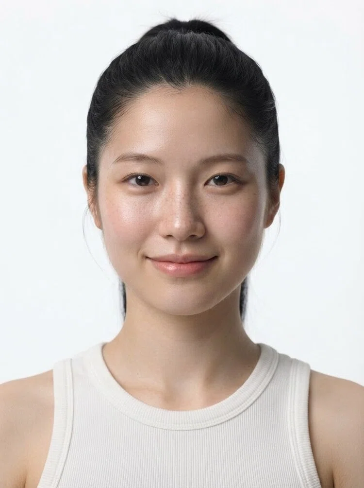 Young female fashion model with long black hair in a bun