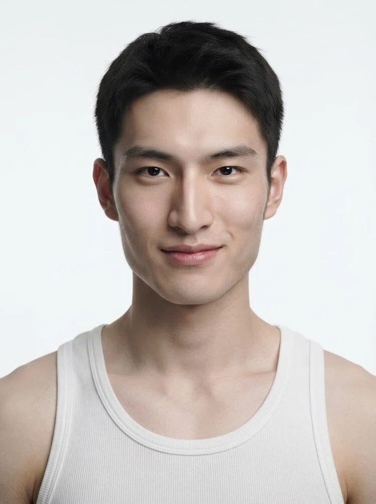 Young male fashion model with short black hair