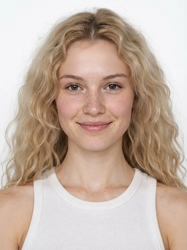 Young female fashion model with long wavy blonde hair, close-up.