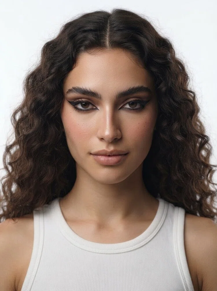 Young female fashion model with long dark brown curly hair