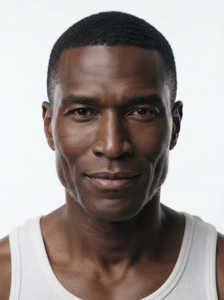 Middle-aged male fashion model with short black buzz cut
