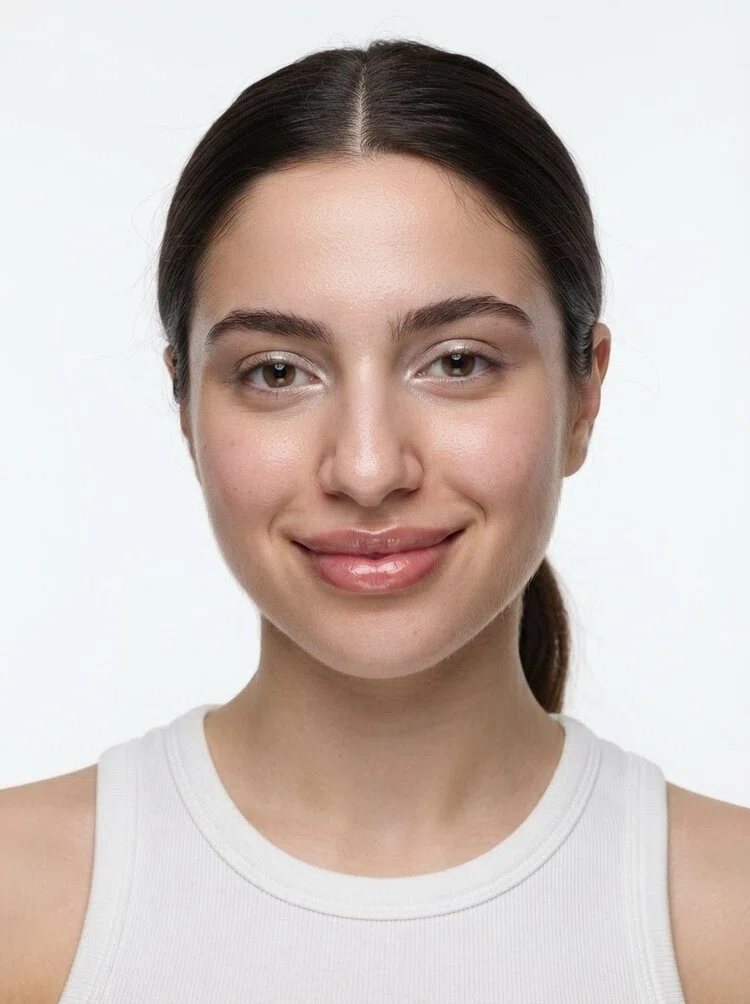 Young female fashion model with long dark brown ponytail, close-up.